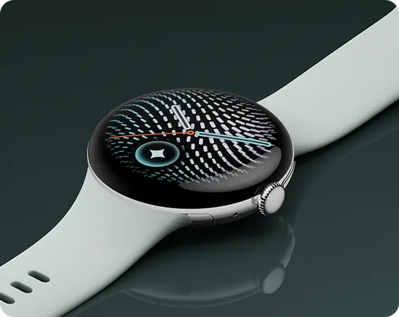 A modern smartwatch with a sleek design and a light-colored strap.