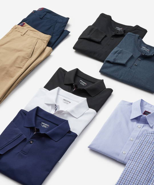 Collection of UNTUCKit clothes. 