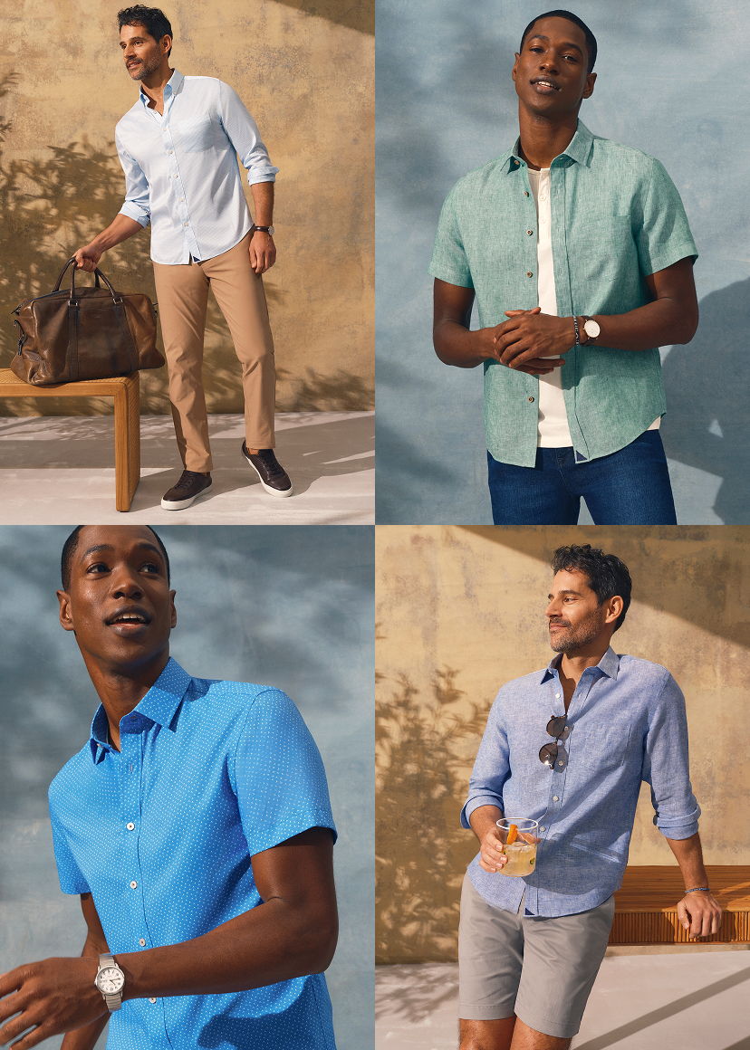Four men modeling casual shirts in various settings.