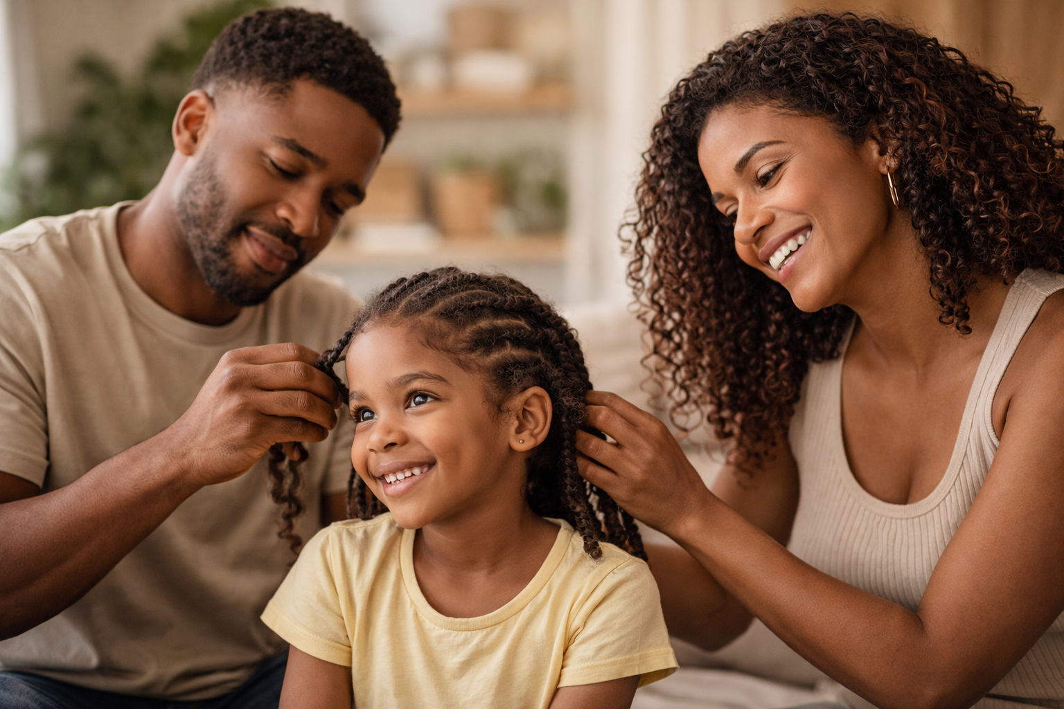 A family happily styling a young girl's hair at home.