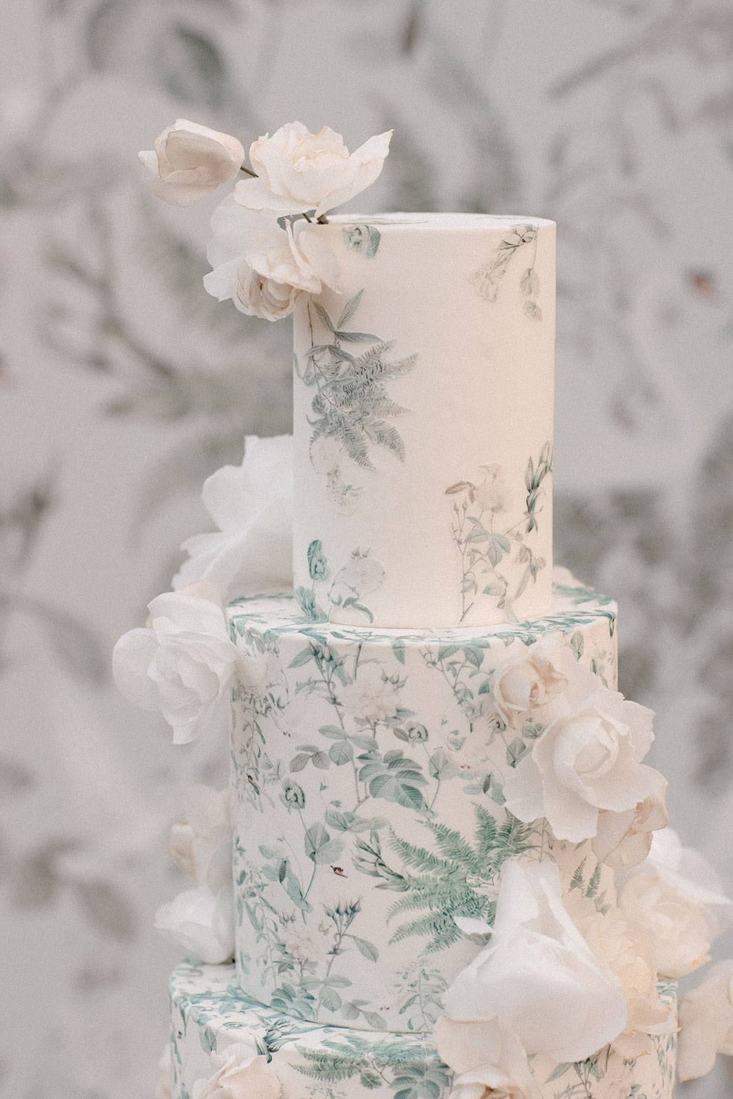 Blue and teal floral printed wedding cake