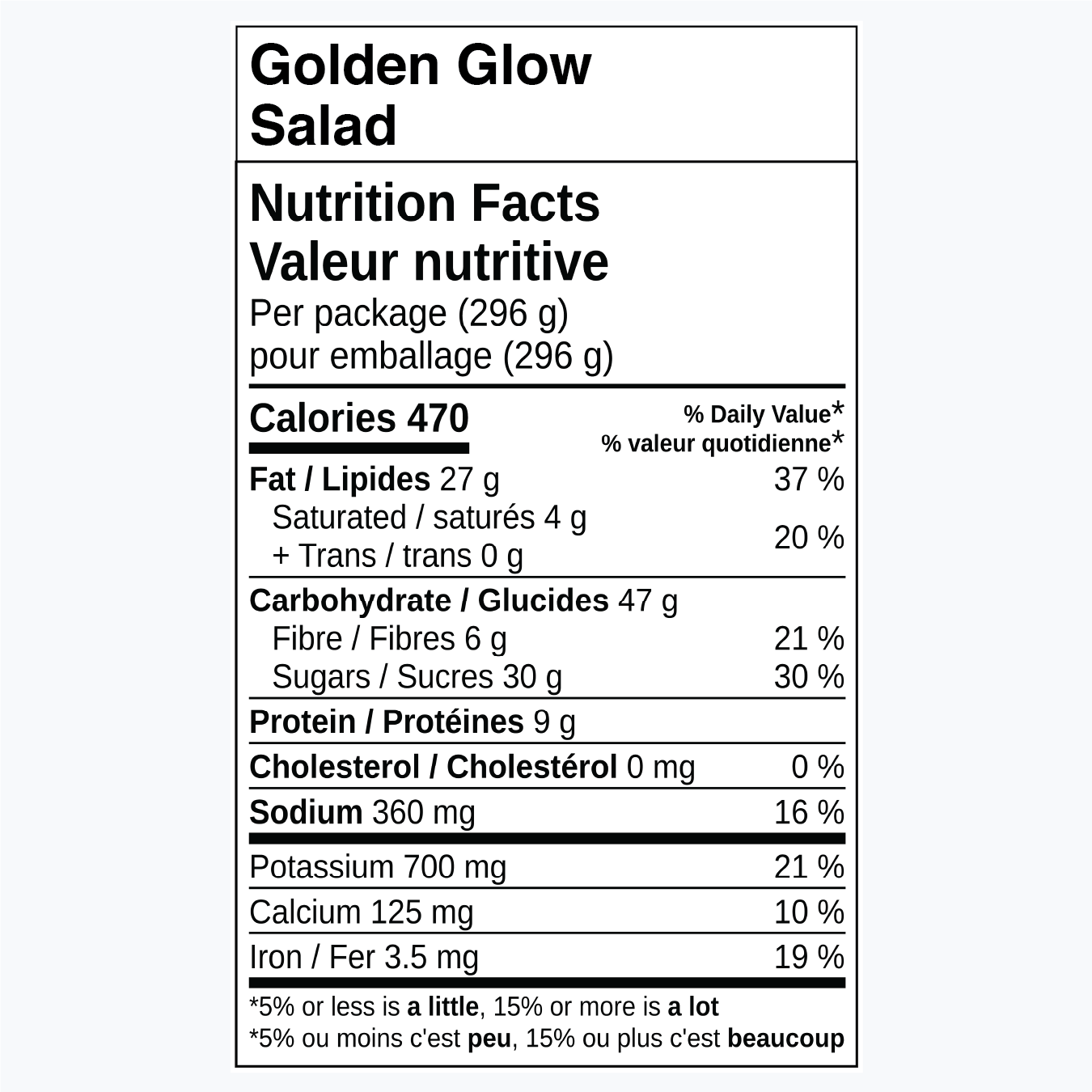 Nutrition facts label for Golden Glow Salad, including calories and nutrient information.