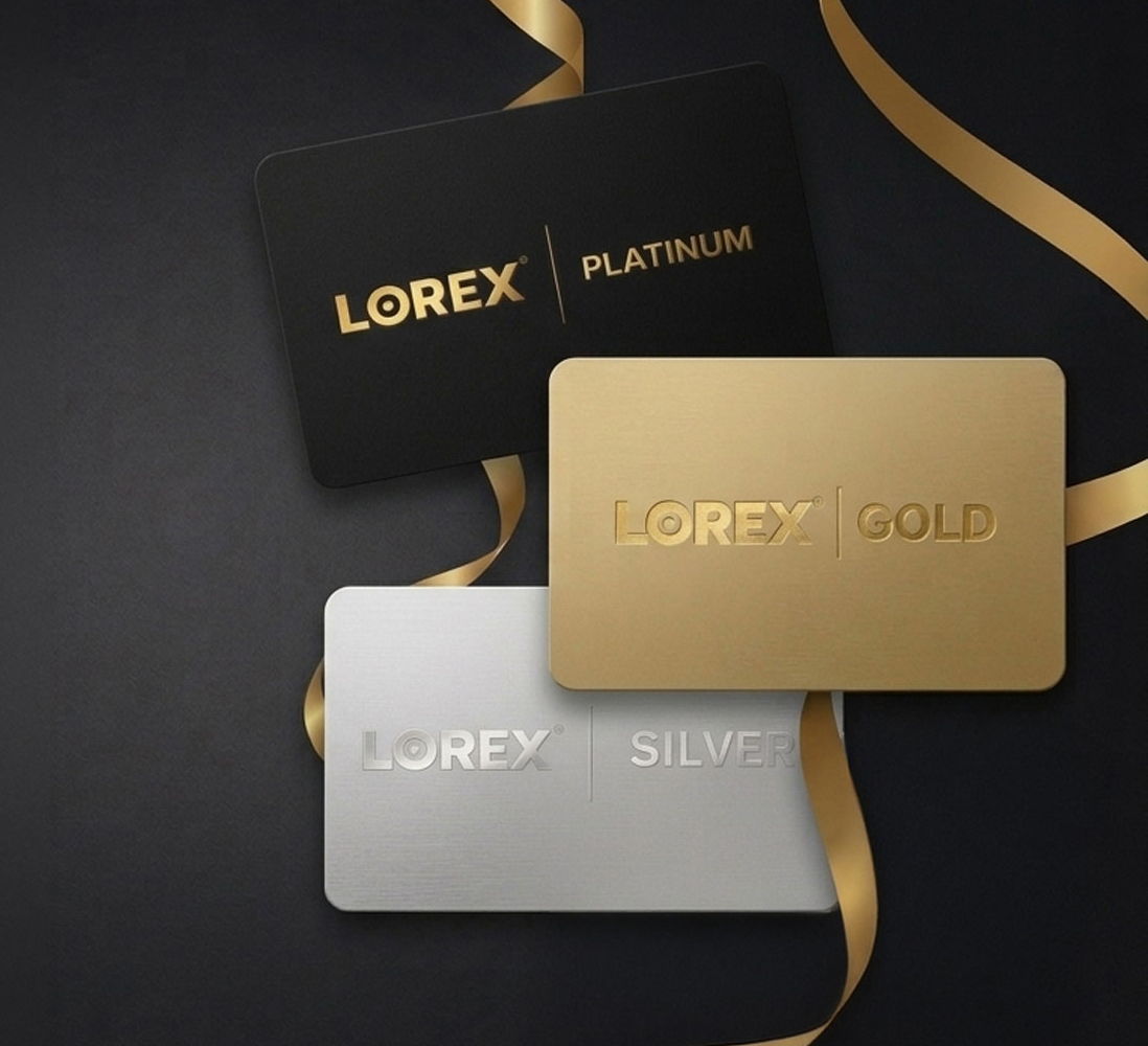 Lorex for Business Partner Rewards Banner with Silver, Gold, and Platinum business cards