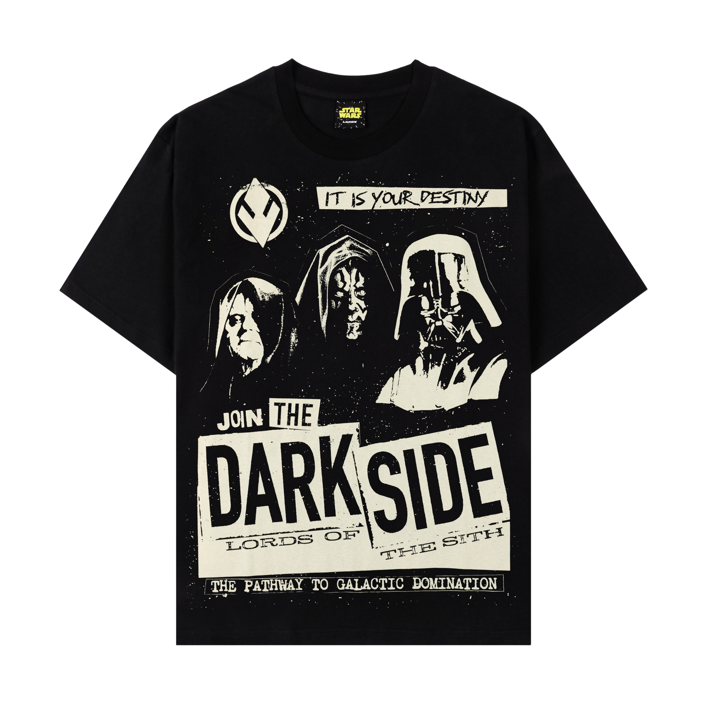 Black t-shirt featuring Star Wars characters and 