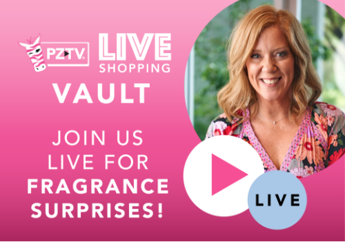 Woman smiling, promoting live shopping event for fragrance surprises.