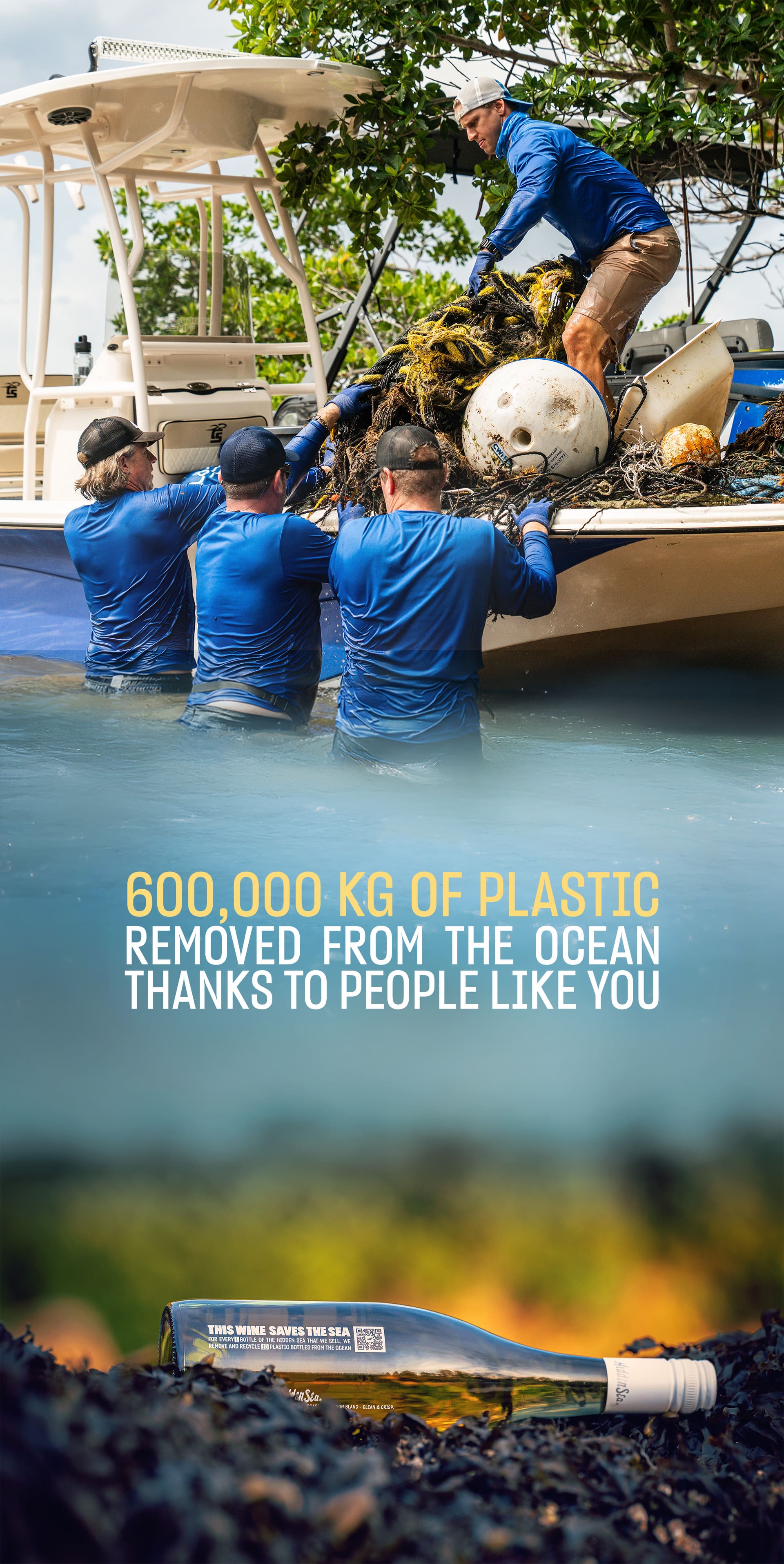 Cleanup crew loading recovered debris onto a boat; text reads “600,000 kg of plastic removed from the ocean thanks to people like you,” with a Hidden Sea bottle in the foreground.