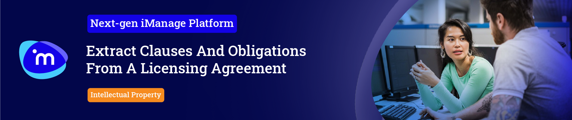 Person discussing contract obligations with another person, promotional text in background.
