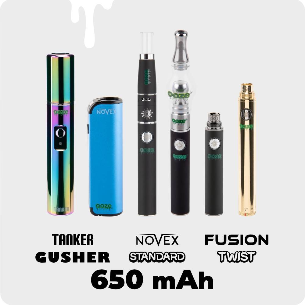 All Ooze batteries with 650 mAh are shown. From left to right they are a rainbow Tanker,  blue Novex, black Fusion, Gusher globe, black 650, and gold 650 twist.