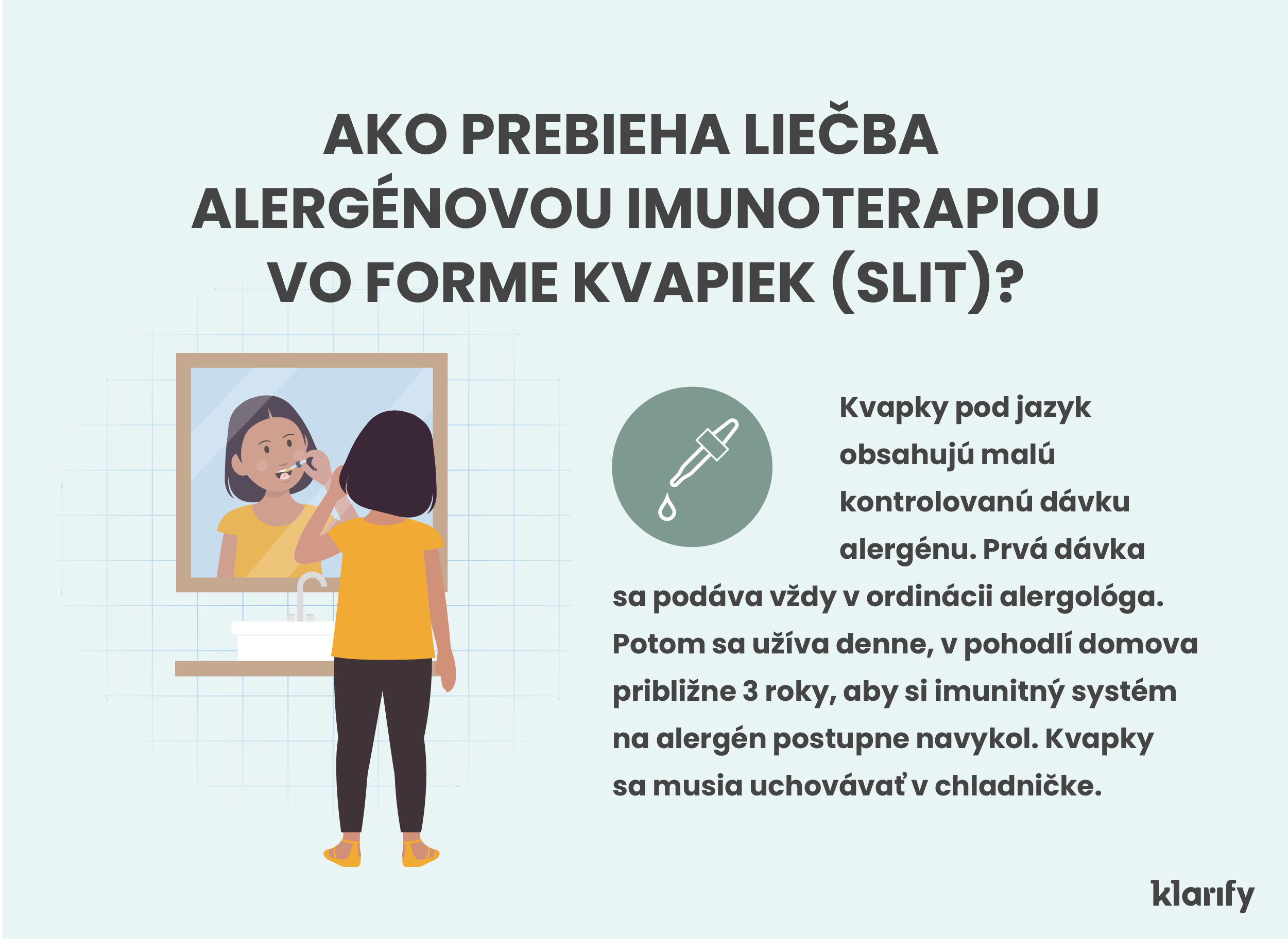 Infografika popisujúca alergénovú imunoterapiu vo forme kvapiek (sublinguálna forma). Podrobnosti infografiky sú uvedené nižšie