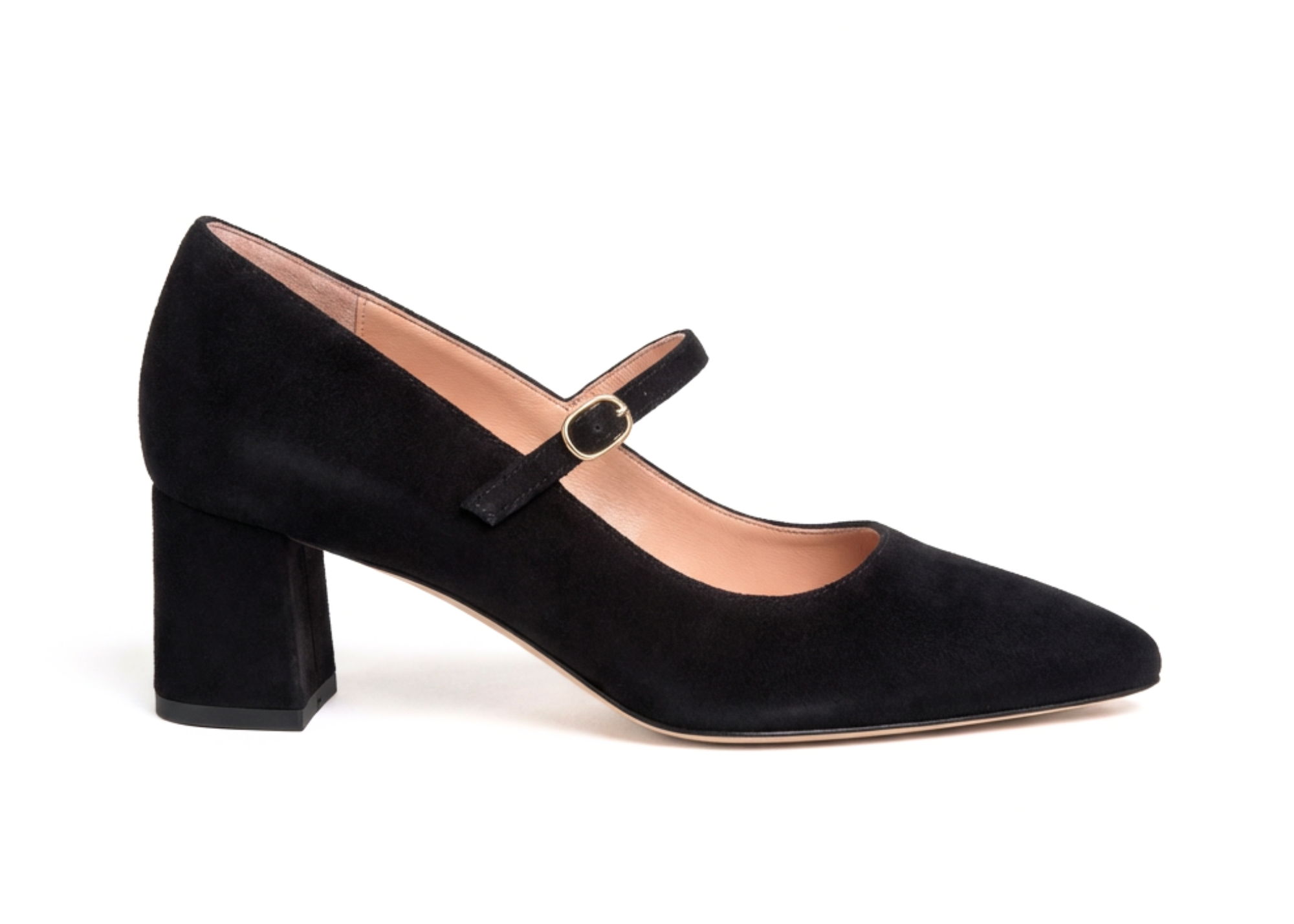 Black suede Mary Jane pump with a block heel.