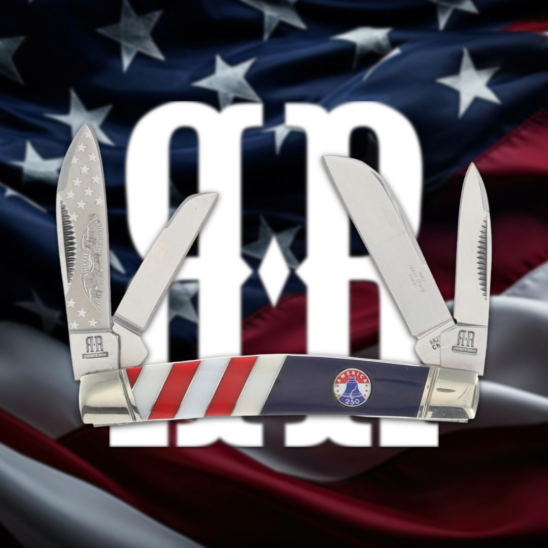 A folding knife with American flag design against a background of the flag.
