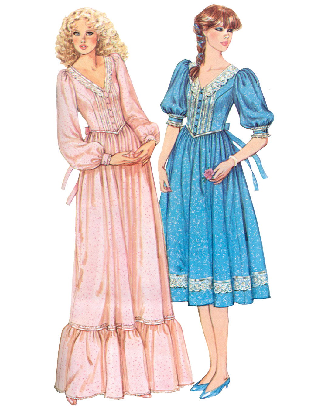 Two women wearing vintage dresses, one pink and one blue, with puffed sleeves.