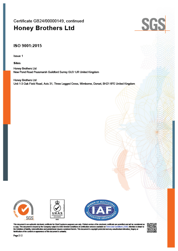 Certificate of ISO 9001:2015 for Honey Brothers Ltd.