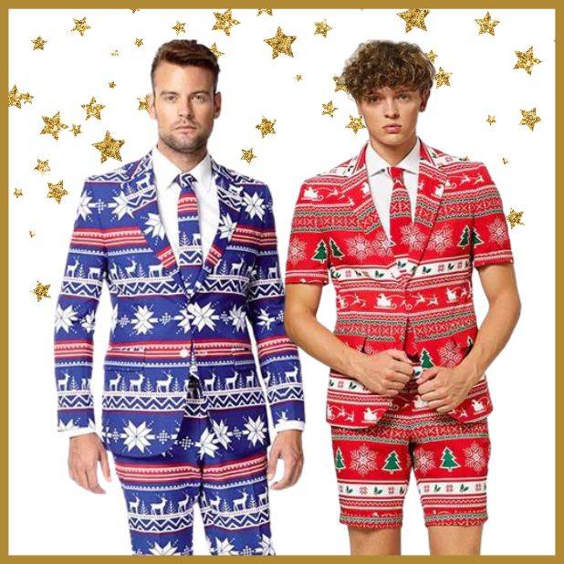 Two men wearing Christmas patterned suits