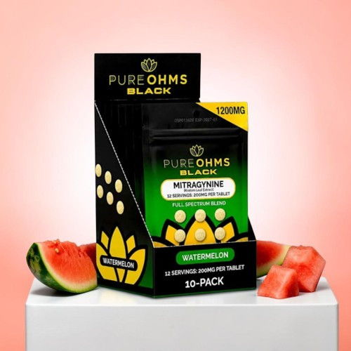 Packaging of Pure Ohms Black Mitragynine with watermelon slices on display.