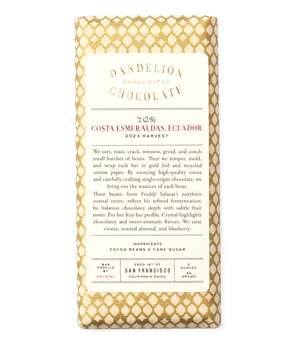 Dandelion Chocolate bar packaging, Costa Esmeraldas, Ecuador, with description and details.