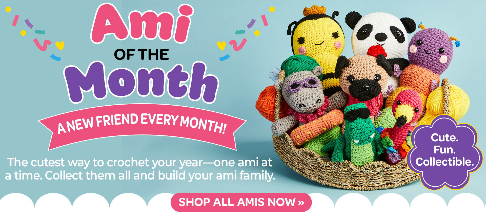 Colorful amigurumi toys in a basket with promotional text for 
