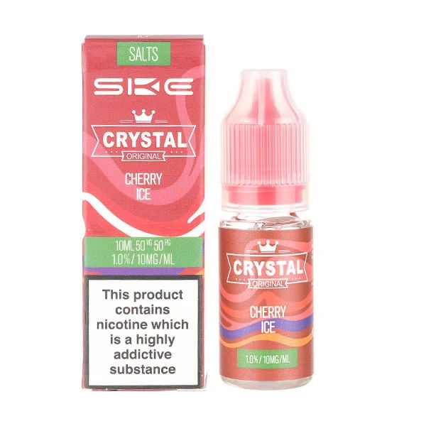 Cherry-flavored vape juice in a pink bottle with warning label.