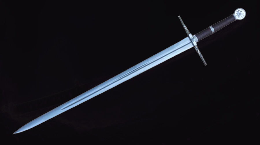 A straight-edged sword with a black handle against a dark background.