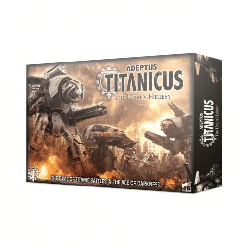 Box art for the game Adeptus Titanicus featuring giant mechs.