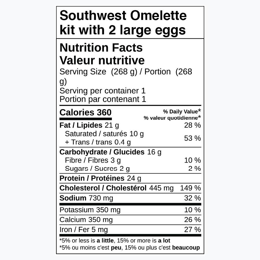Nutrition facts for Southwest Omelette kit with 2 large eggs.