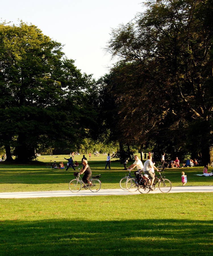 Brondell Community Outreach hero image of children an bicyclists enjoying a grassy park with beautiful mature trees.