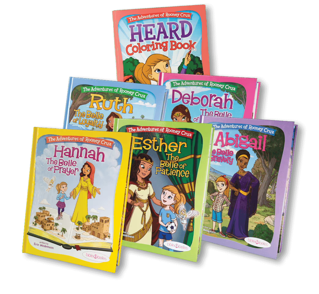 Bible Belles character books teaching prayer, patience, bravery, leadership, and loyalty.
