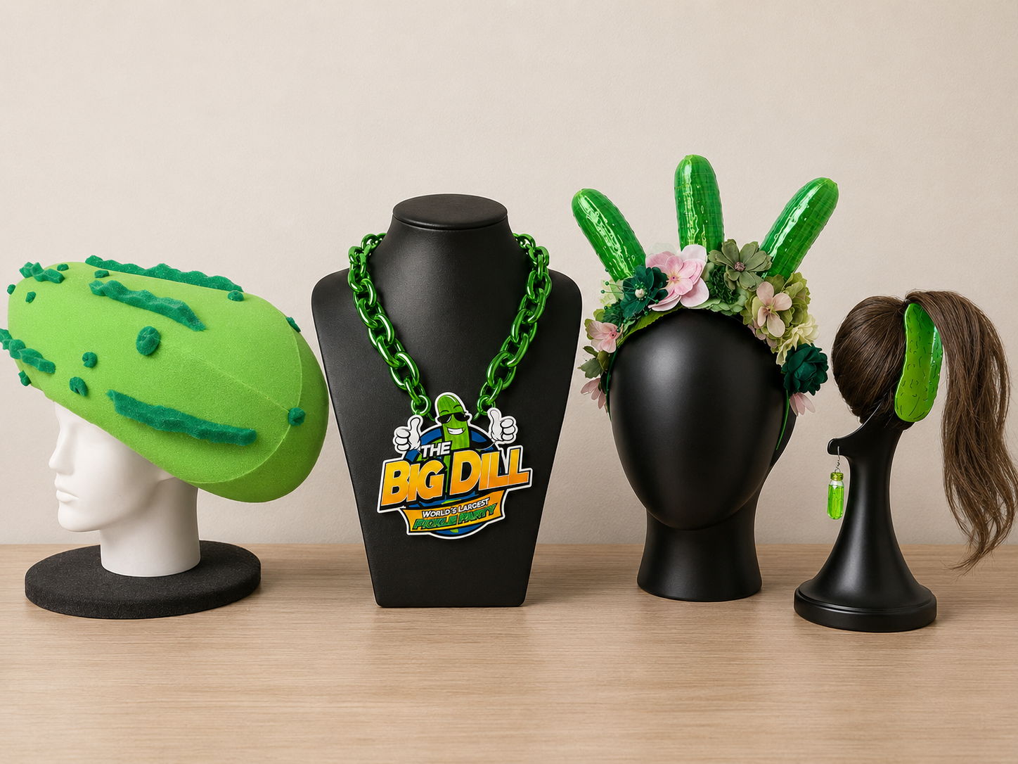 Various green-themed accessories displayed on black mannequins.