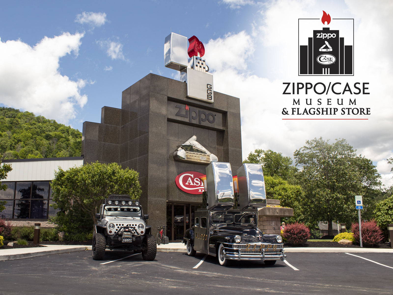 Zippo/Case Museum entrance with the Case Jeep and Zippo Car.
