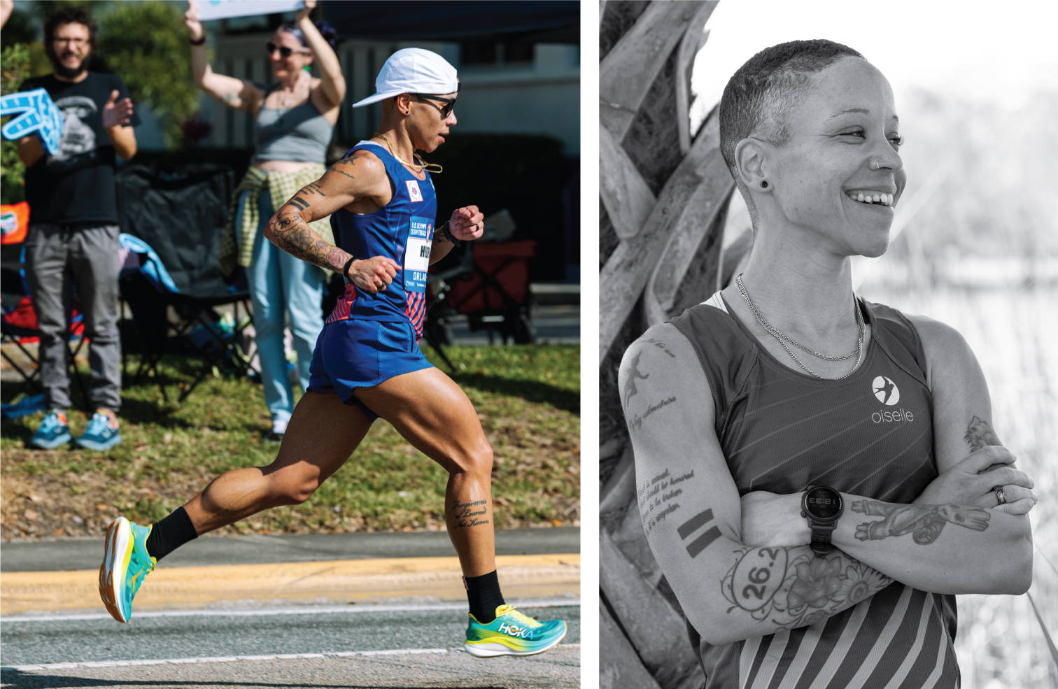 Left: Ari Hendrix-Roach racing the marathon at the 2024 Olympic Marathon Trials. Right: Portrait of Ari in her Oiselle uniform