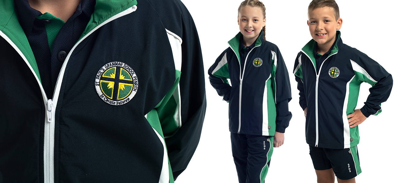 Custom MicroFlex (75D) track jacket, track pants and sports shorts for St Paul's Grammar School