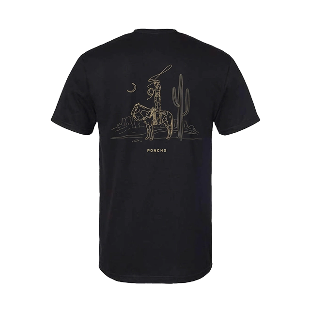 Black t-shirt with a cowboy on a horse and cacti design.