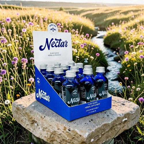A display of Nectar beverage bottles on a stone in a scenic landscape.