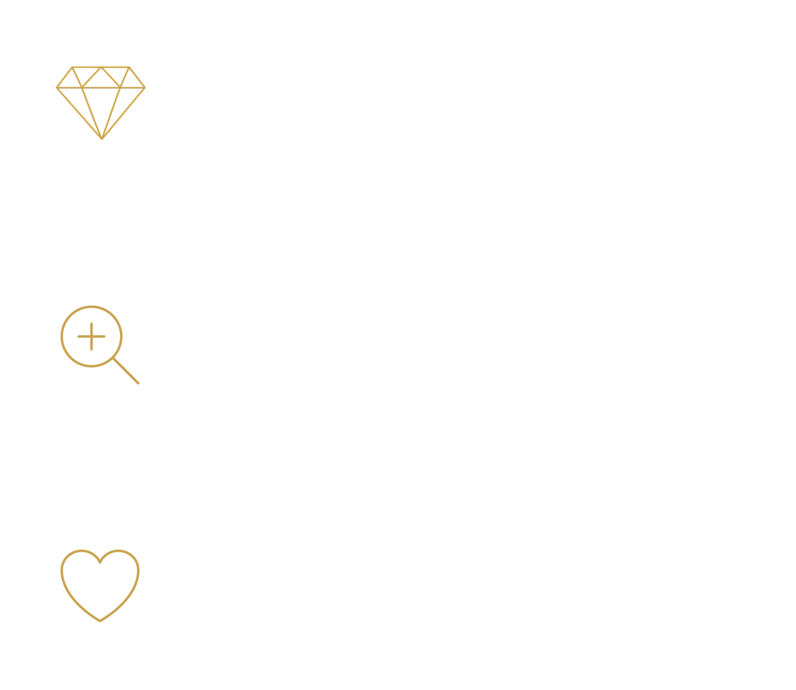 Icons of a diamond, magnifying glass, and heart in gold.