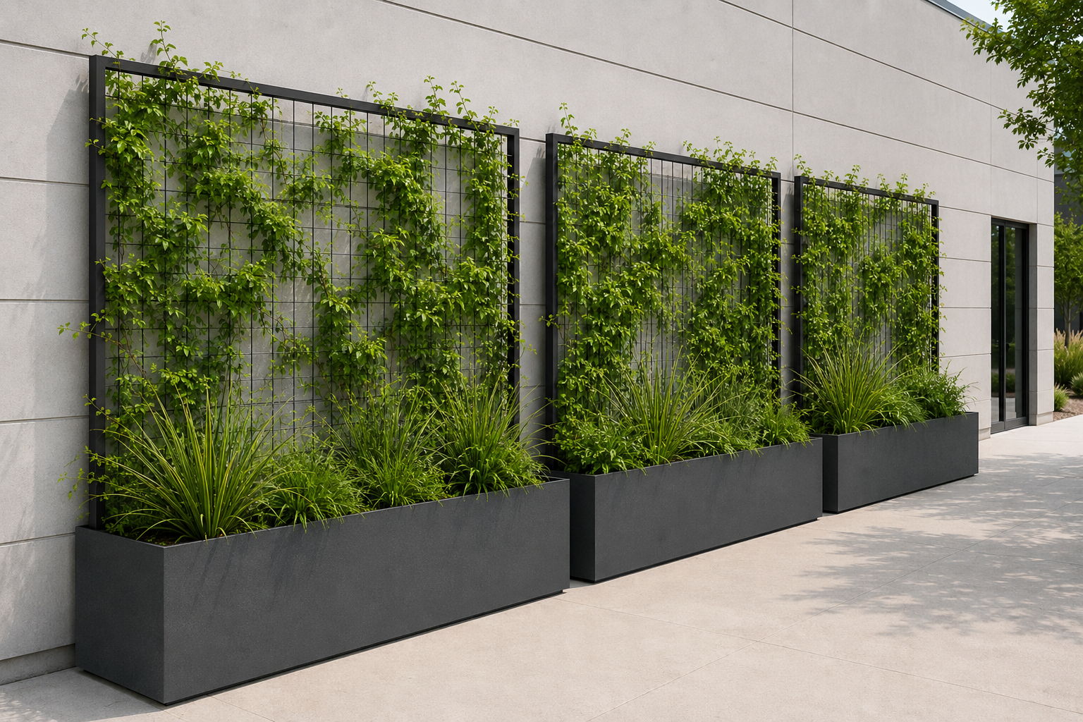 Modern Planters with powder coated steel trellises against a modern wall with trailing greenery and plants.