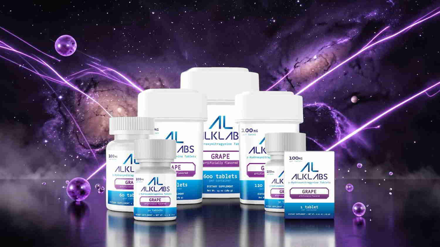 Bottles of supplements against a cosmic background with purple hues.