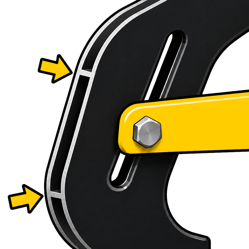 Close-up of a mechanical clamp with arrows indicating movement.