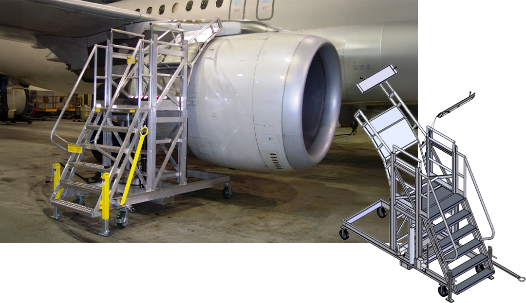Custom cantilever platform providing overhead reach for jet engine and pylon maintenance with slip-resistant decking and integrated railings