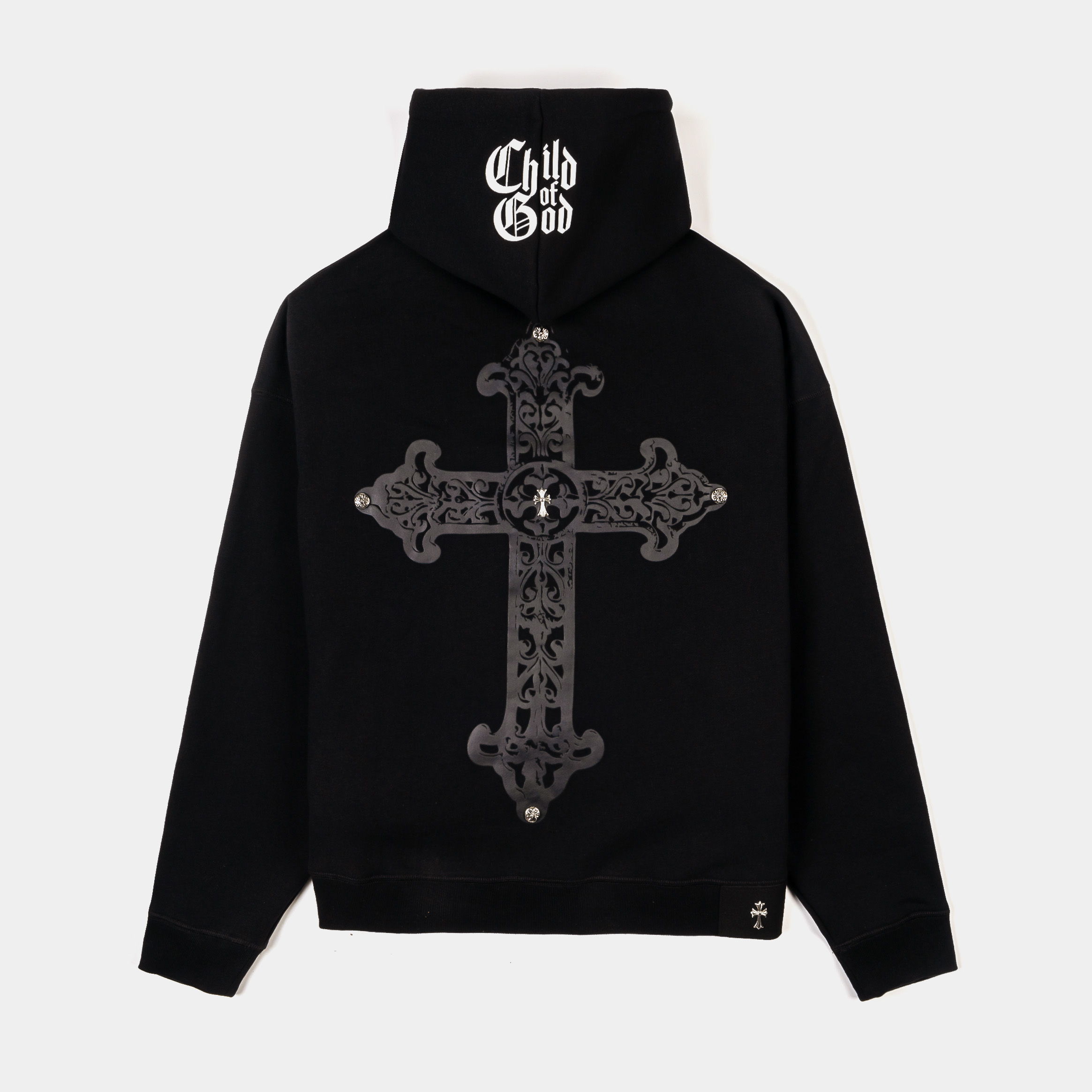 Black hoodie with colorful stained glass window designs on the front.
