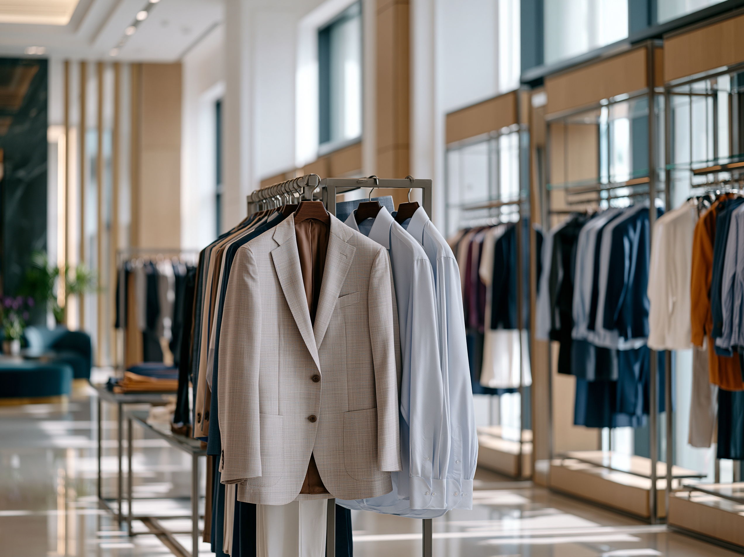 A display of various clothing items in a modern retail environment.