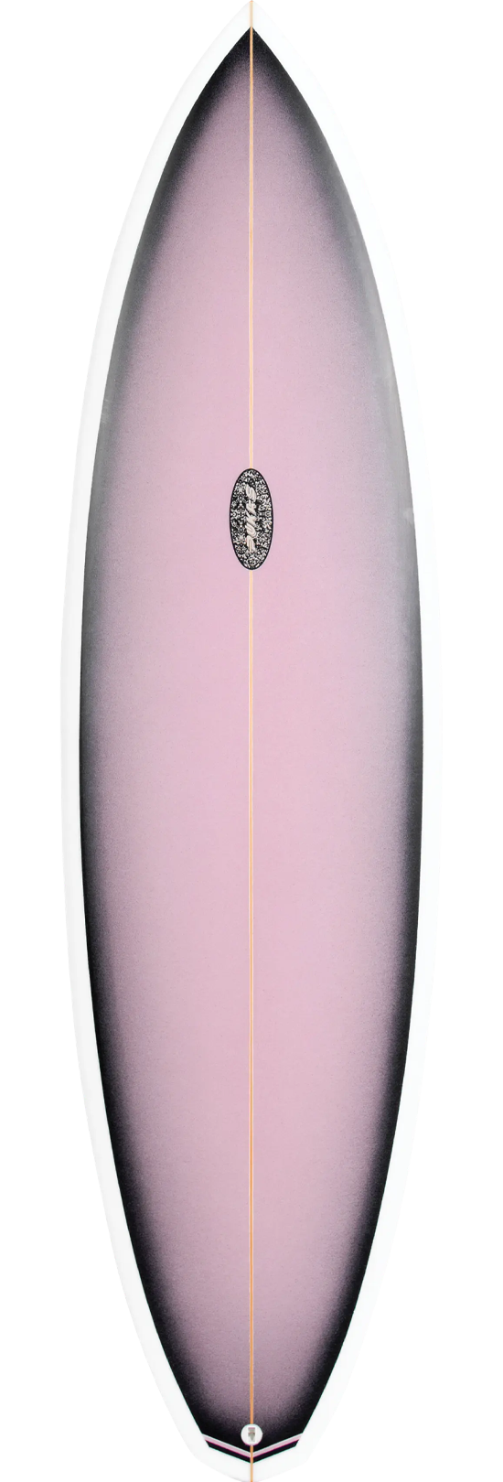 A pink surfboard with a white outline and a central stringer.