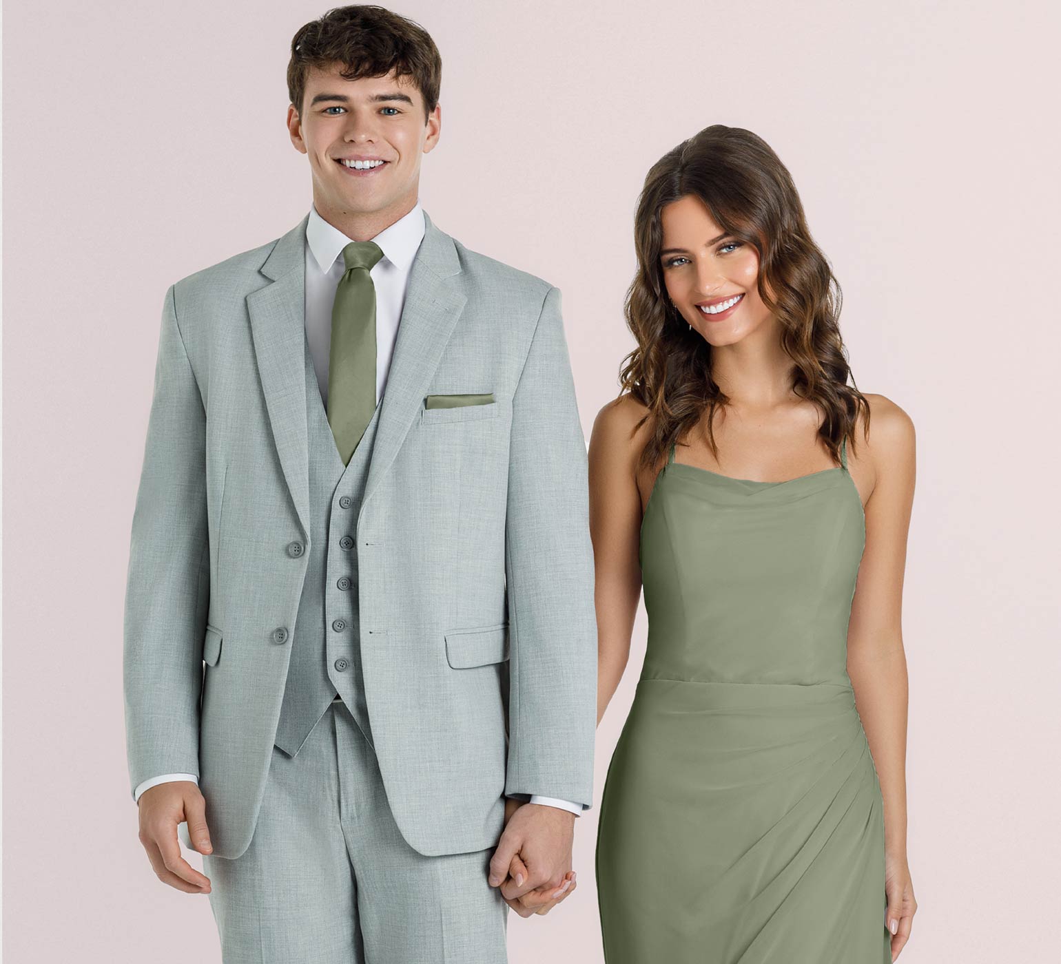 Light Grey Suit with Moss Bridesmaid Dress