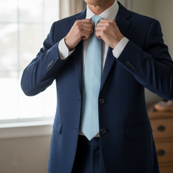 Man tying a light blue necktie with a navy suit