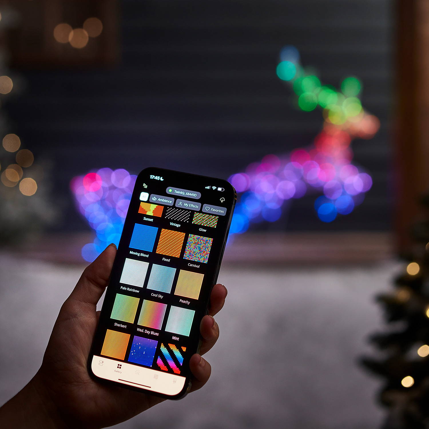 A phone screen with showing some of the effects and animations you can use to customise your reindeer.