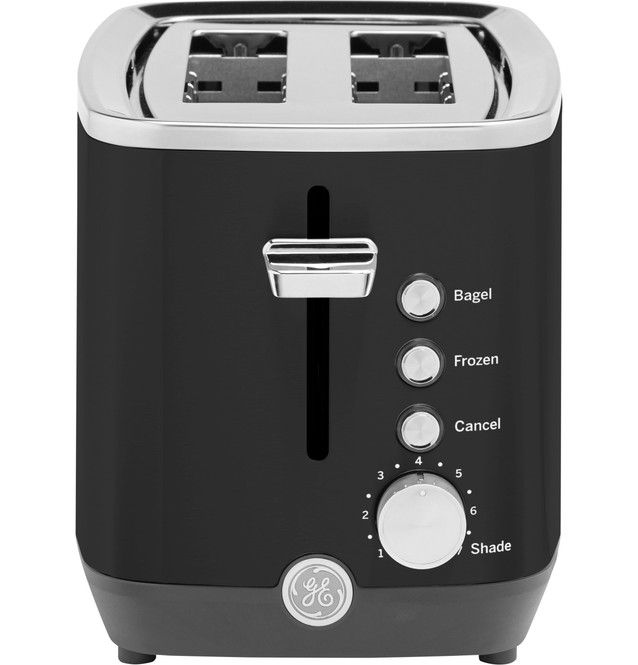Black toaster with two slots and control buttons.