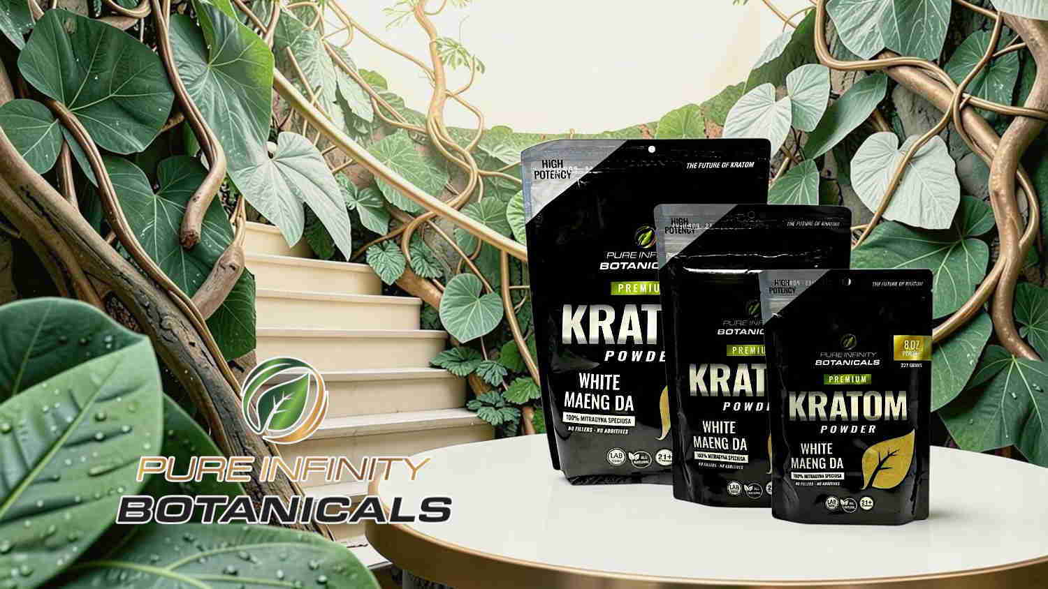 Kratom product packages displayed among lush greenery and natural elements.