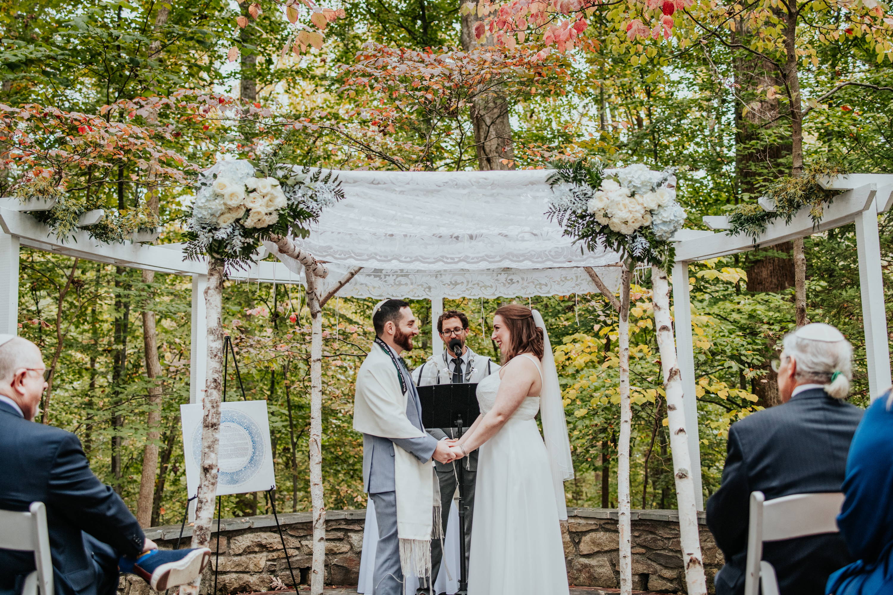 Wedding Chuppah with birch poles and white Flowers,  DIY