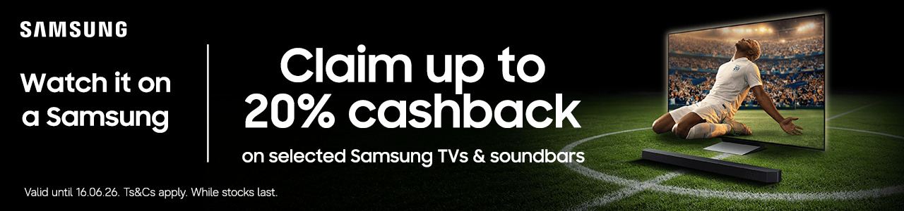 Samsung promotion for cashback on select TVs and soundbars.