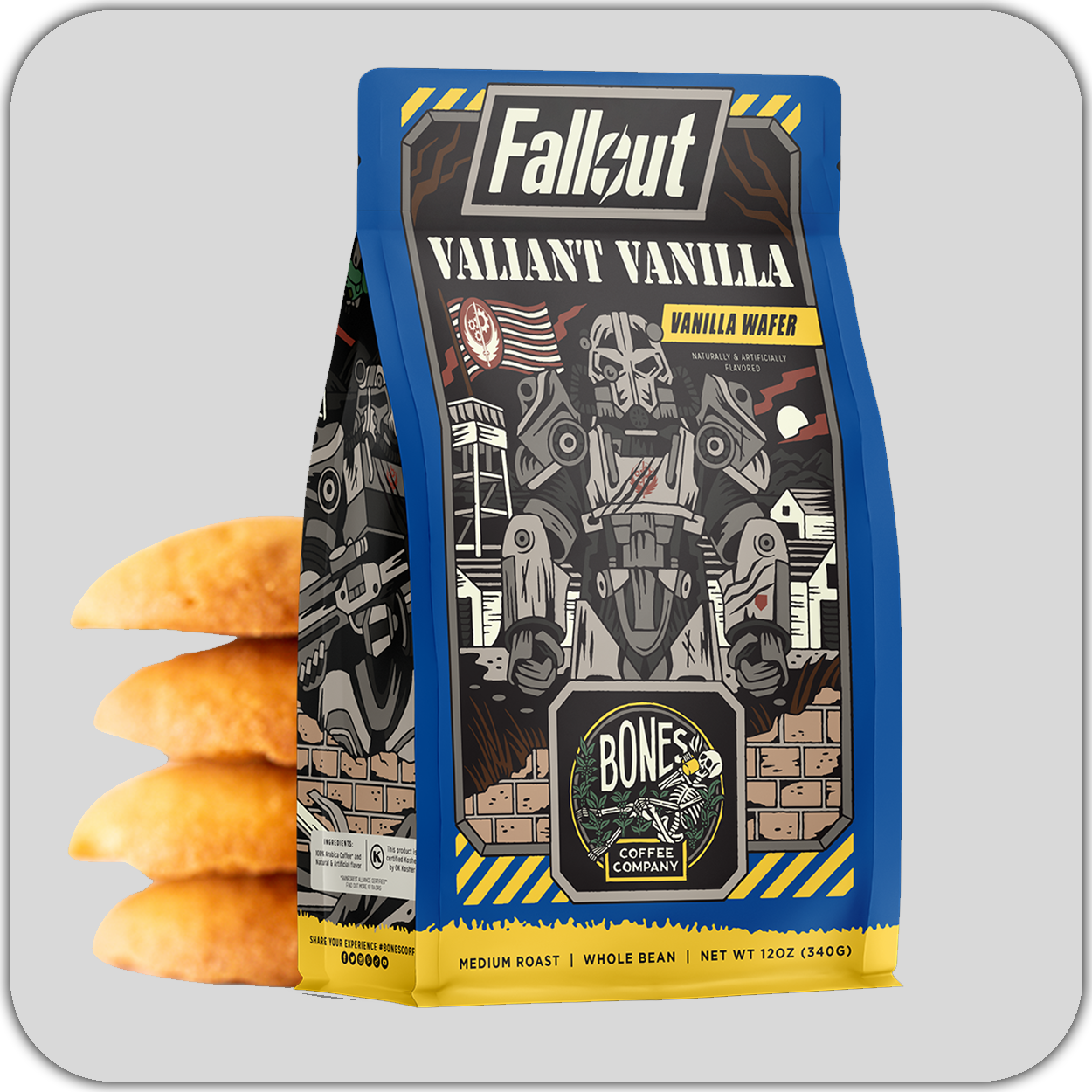 A 12 ounce bag of flavored coffee inspired by Fallout named Valiant Vanilla. Its flavor is vanilla wafer. On the art is Maximus in power armor from the Fallout show, and there is a stack of vanilla wafers near it. A rounded grey square is behind it.