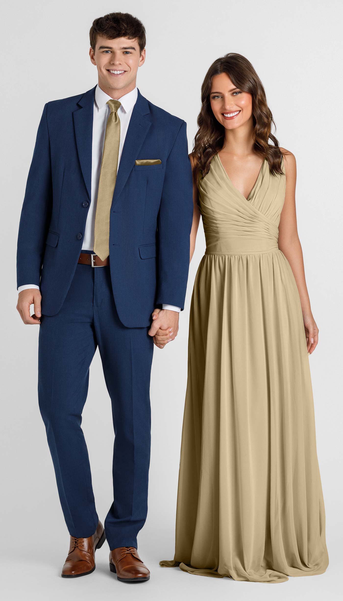 navy suit with champagne bridesmaid dress